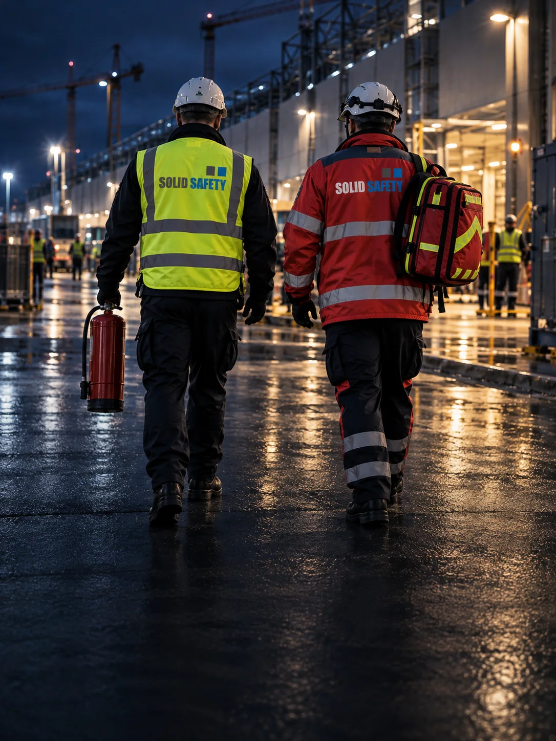 Brandwache und Betriebssanitäter auf einer Rechenzentrumsbaustelle (KI-generiert)