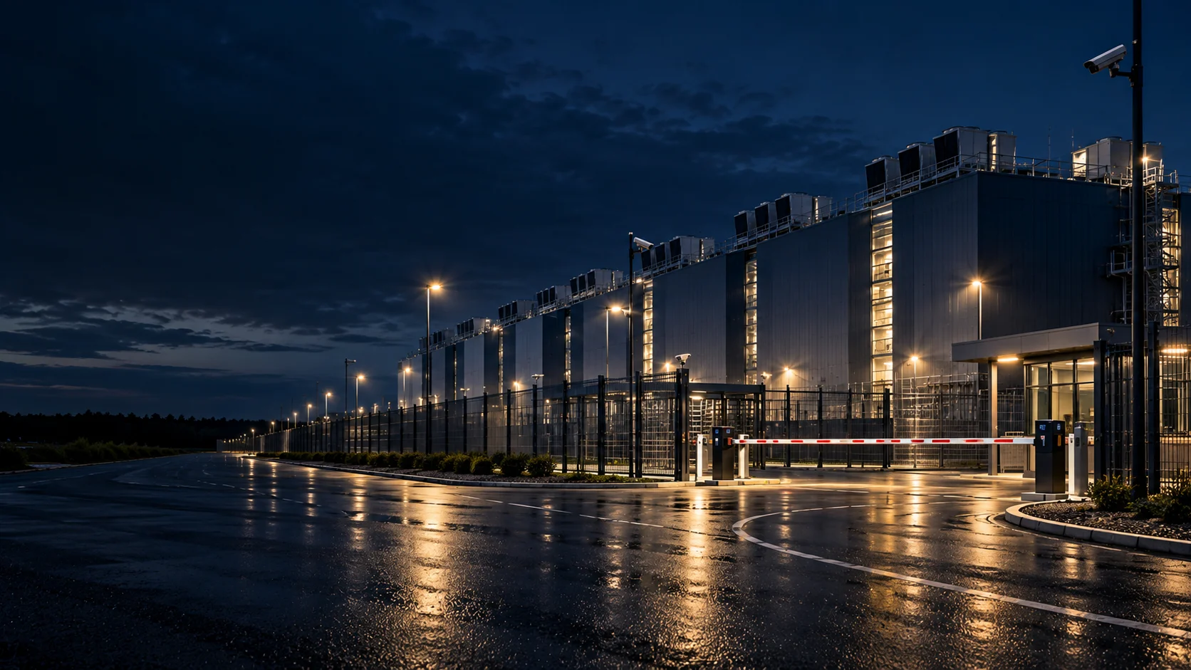Fertiges Rechenzentrum bei Nacht mit Perimeterzaun, Kameras und Pförtnerhaus (KI-generiert)