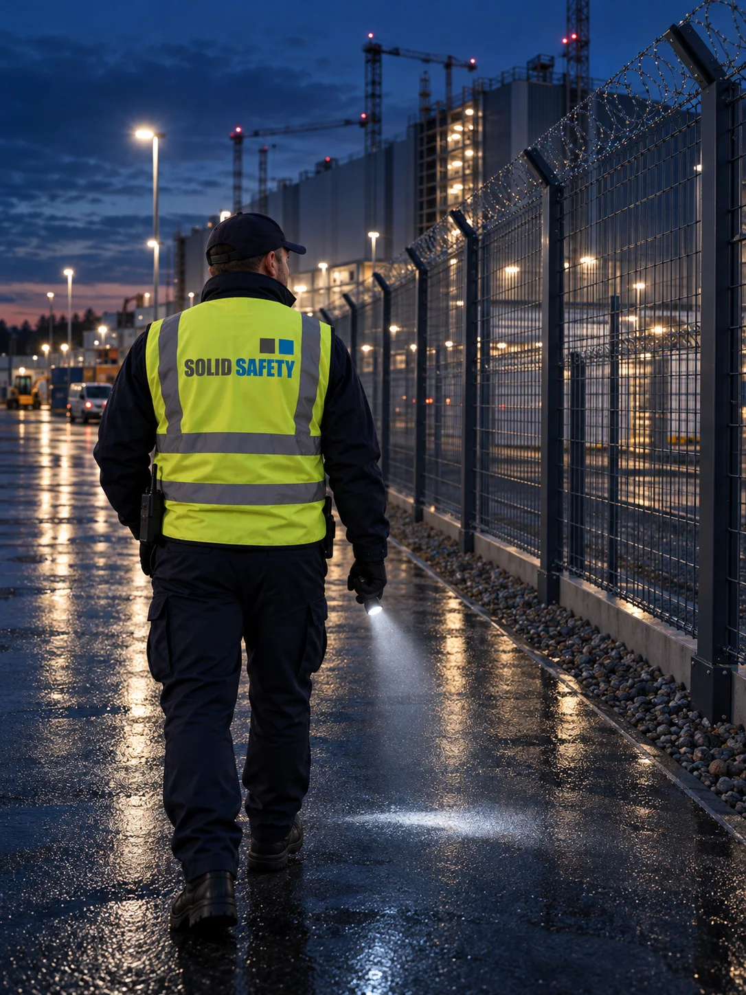 Sicherheitskraft auf Streife am Perimeterzaun einer Rechenzentrumsbaustelle (KI-generiert)