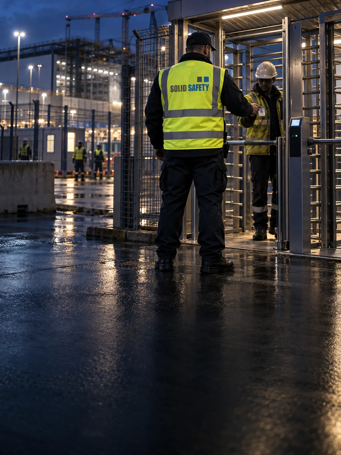 Zutrittskontrolle mit Drehkreuzen und Ausweisprüfung am Gate einer Rechenzentrumsbaustelle (KI-generiert)