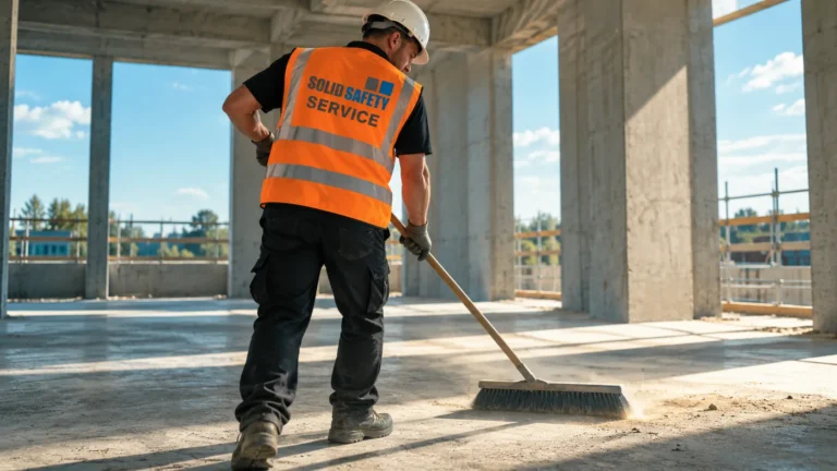 Bauhelfer kehrt den Betonboden in einem Neubau (KI-generiert)
