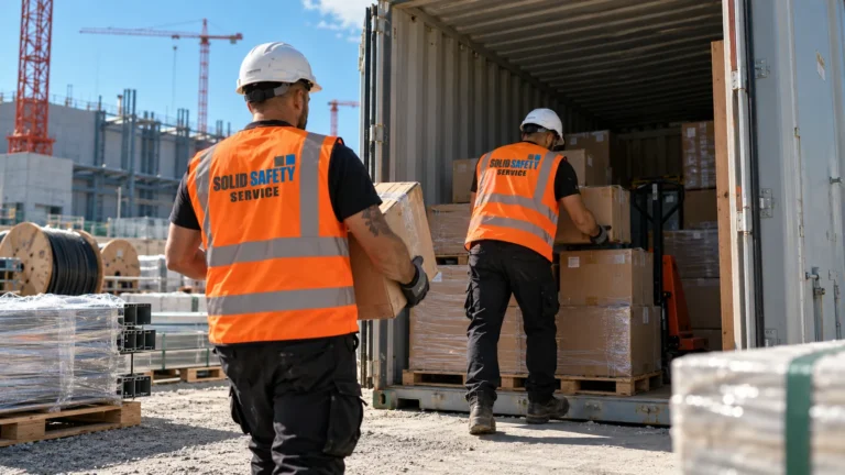 Bauhelfer entladen Material aus einem Lagercontainer (KI-generiert)