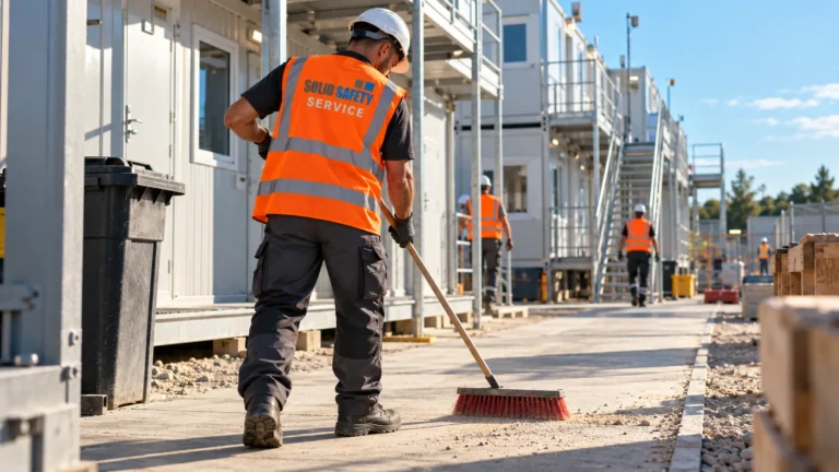 Bauhelfer kehrt den Weg vor dem Containerdorf (KI-generiert)