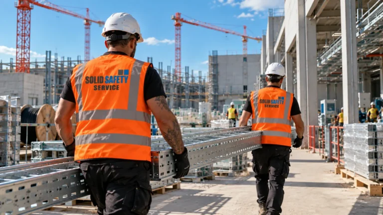 Bauhelfer tragen Kabeltrassen auf einer Data-Center-Baustelle (KI-generiert)
