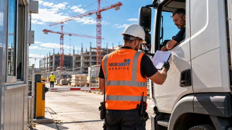 Baulogistik: Bauhelfer prüft den Lieferschein eines Lkw am Baustellentor (KI-generiert)