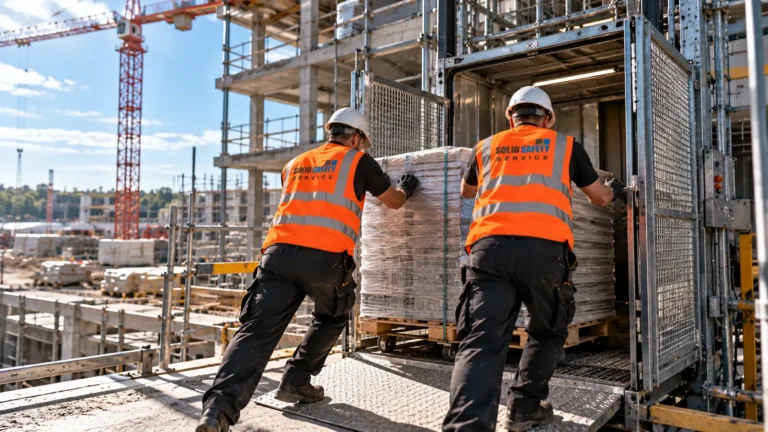 Bauhelfer verladen eine Palette in den Materialaufzug einer Data-Center-Baustelle (KI-generiert)