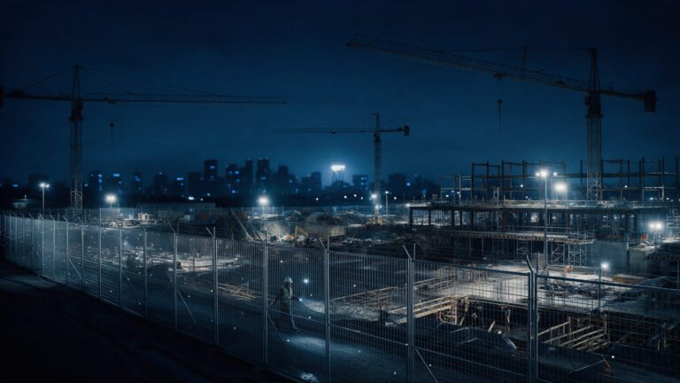 Wachmann auf Streife am Bauzaun einer Großbaustelle bei Nacht