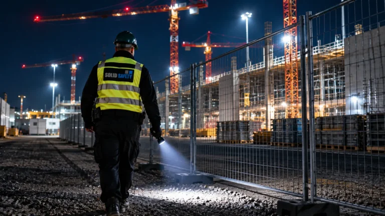 Nachtstreife mit Taschenlampe am Bauzaun einer Data-Center-Baustelle (KI-generiert)