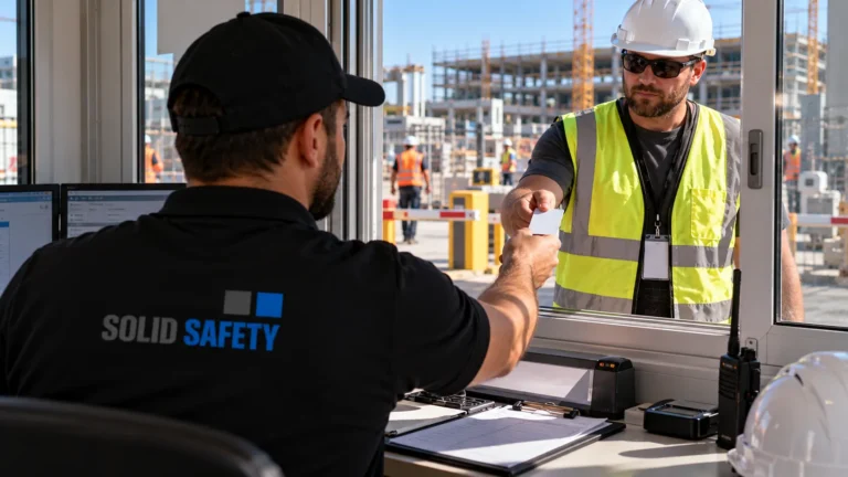 Ausgabe eines Besucherausweises am Fenster des Pförtnercontainers (KI-generiert)
