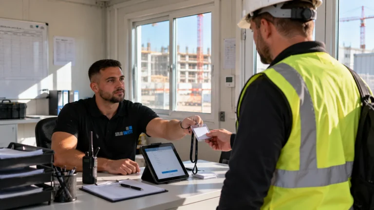 Besuchermanagement: Security gibt im Büro-Container einen Besucherausweis aus (KI-generiert)