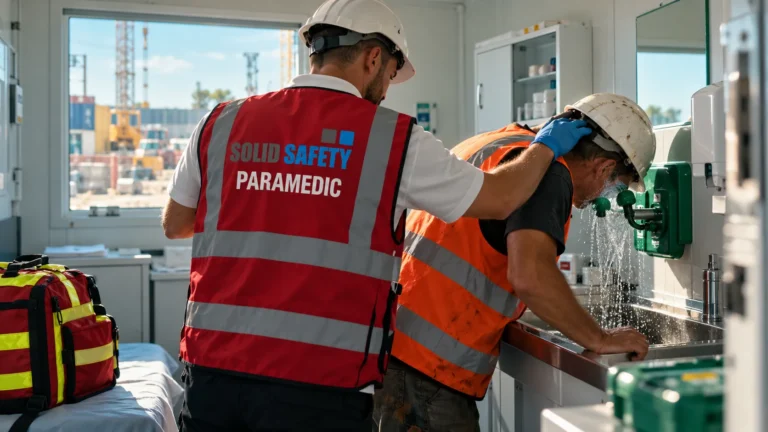 Betriebssanitäter hilft einem Arbeiter an der Augenspülstation im Sanitätscontainer (KI-generiert)