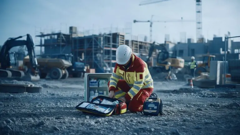 Betriebssanitäter mit Notfallrucksack und AED vor einem Sanitätscontainer auf der Baustelle