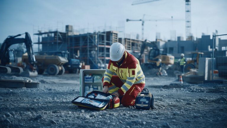 Betriebssanitäter mit Notfallrucksack und AED vor einem Sanitätscontainer auf der Baustelle