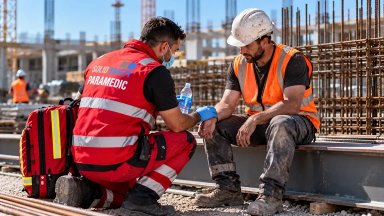 Betriebssanitäter kontrolliert den Puls eines Arbeiters und reicht Wasser (KI-generiert)