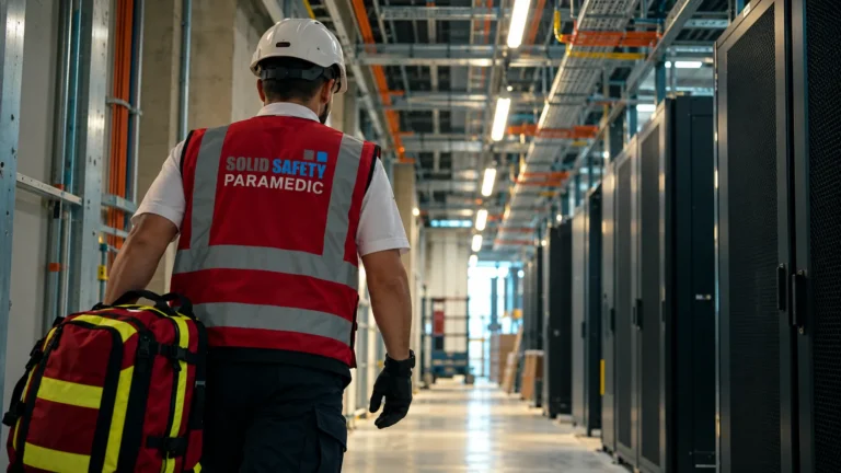 Betriebssanitäter mit Notfallrucksack im Gang eines Data Centers im Bau (KI-generiert)