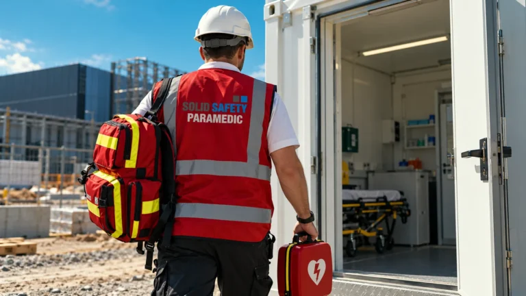 Betriebssanitäter mit Notfallrucksack und AED am Sanitätscontainer der Baustelle (KI-generiert)