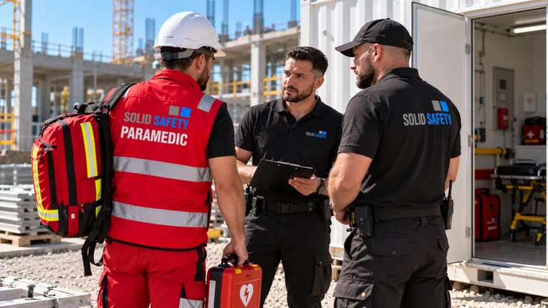 Betriebssanitäter und Security bei der Abstimmung vor dem Sanitätscontainer (KI-generiert)