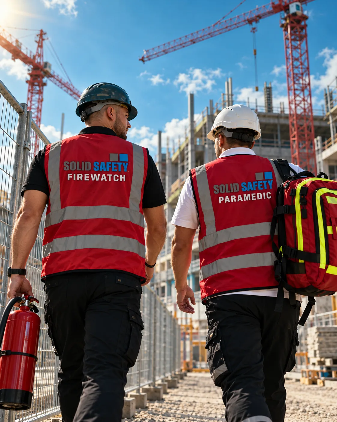 Brandwache mit Feuerlöscher und Betriebssanitäter mit Notfallrucksack auf einer Data-Center-Baustelle (KI-generiert)