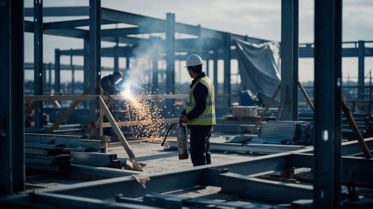 Brandwache mit Feuerlöscher bei Schweißarbeiten auf einer Stahlbaustelle