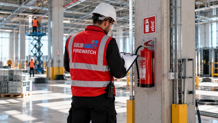 Brandwache kontrolliert einen Feuerlöscherstandort in der Data Hall (KI-generiert)