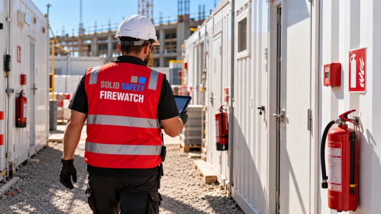 Brandwache dokumentiert den Kontrollgang zwischen den Baucontainern auf dem Tablet (KI-generiert)