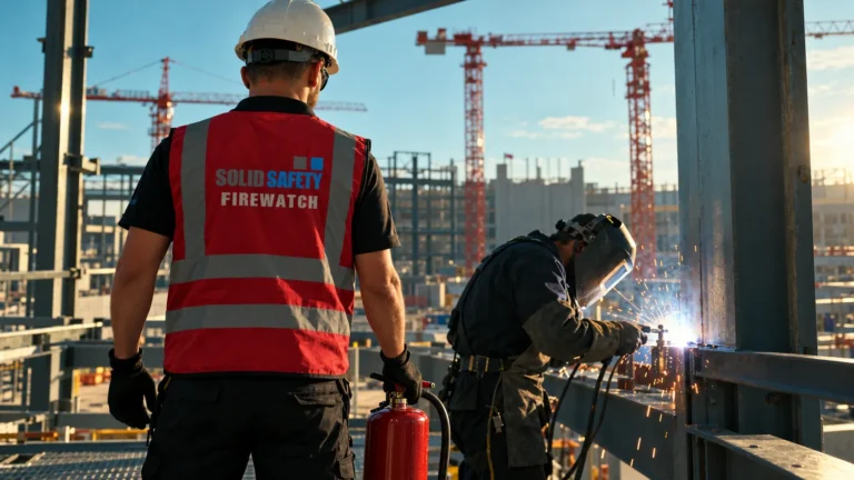 Brandwache mit Feuerlöscher sichert Schweißarbeiten am Stahlbau (KI-generiert)