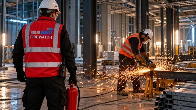 Brandwache mit Feuerlöscher sichert Trennschleifarbeiten in der Data Hall (KI-generiert)