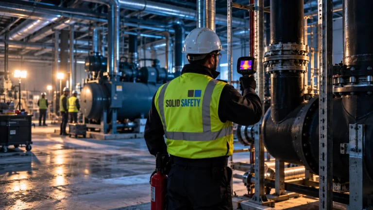 Brandwache kontrolliert einen Arbeitsbereich mit Wärmebildkamera (KI-generiert)