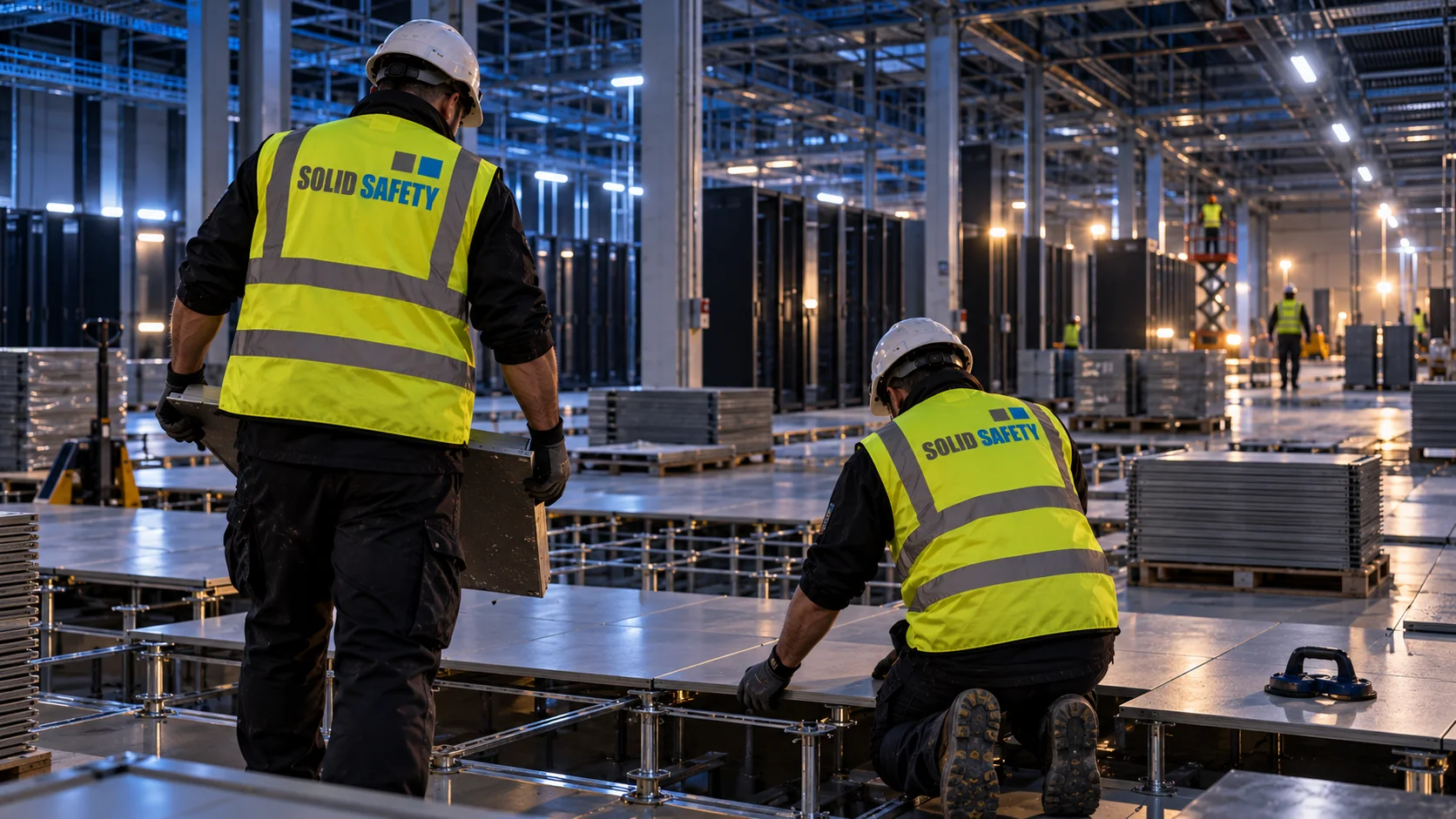 Verlegung des Doppelbodens in einer Data Hall (KI-generiert)
