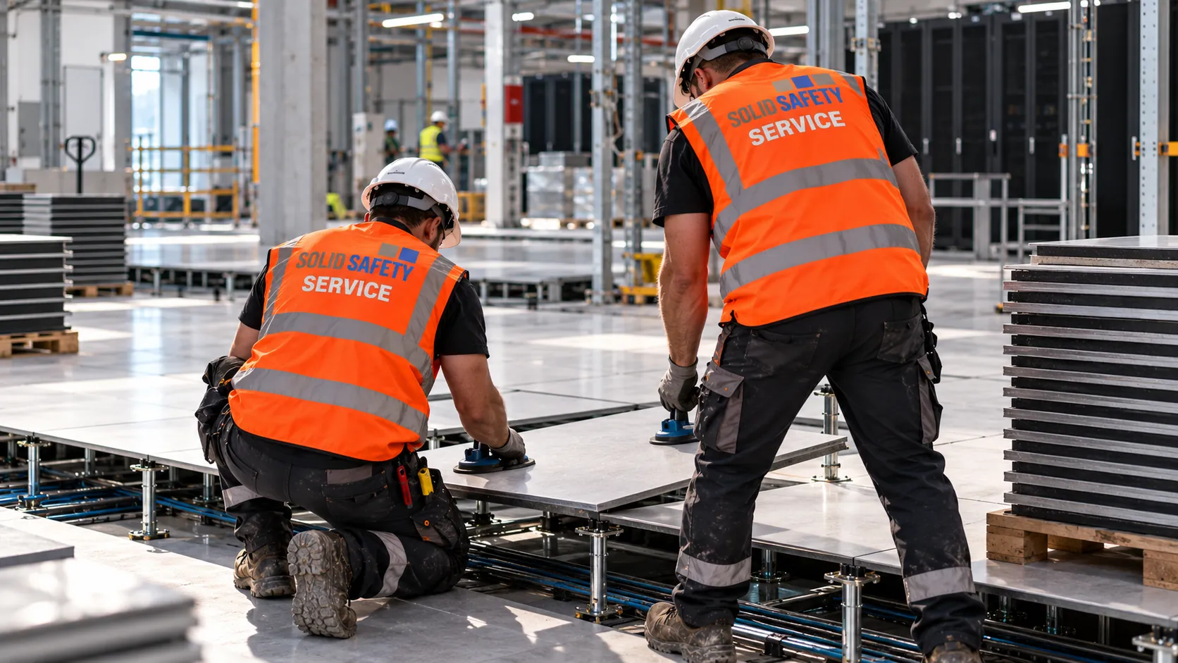 Bauhelfer verlegen Doppelbodenplatten in einer Data Hall (KI-generiert)