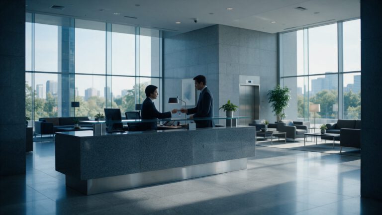 Empfangsdienst übergibt einem Besucher einen Besucherausweis in einer Bürolobby