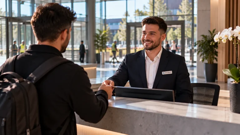 Empfangsdienst im Sakko begrüßt einen Besucher in der Lobby (KI-generiert)