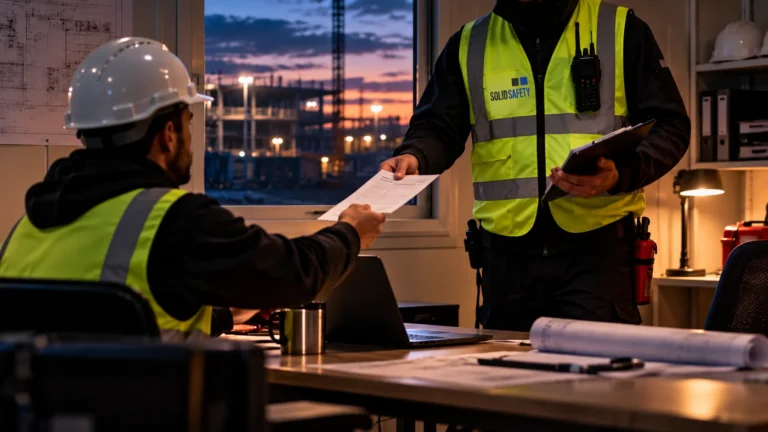 Übergabe der Heißarbeitserlaubnis an die Brandwache (KI-generiert)
