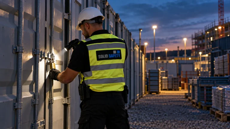 Sicherheitskraft kontrolliert in der Dämmerung die Schlösser der Lagercontainer (KI-generiert)
