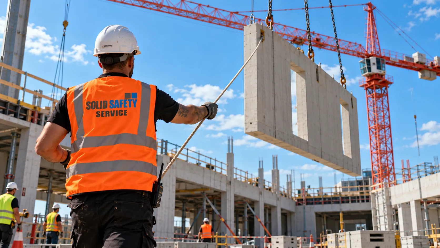 Einweiser führt ein Betonfertigteil am Kran mit dem Leitseil (KI-generiert)