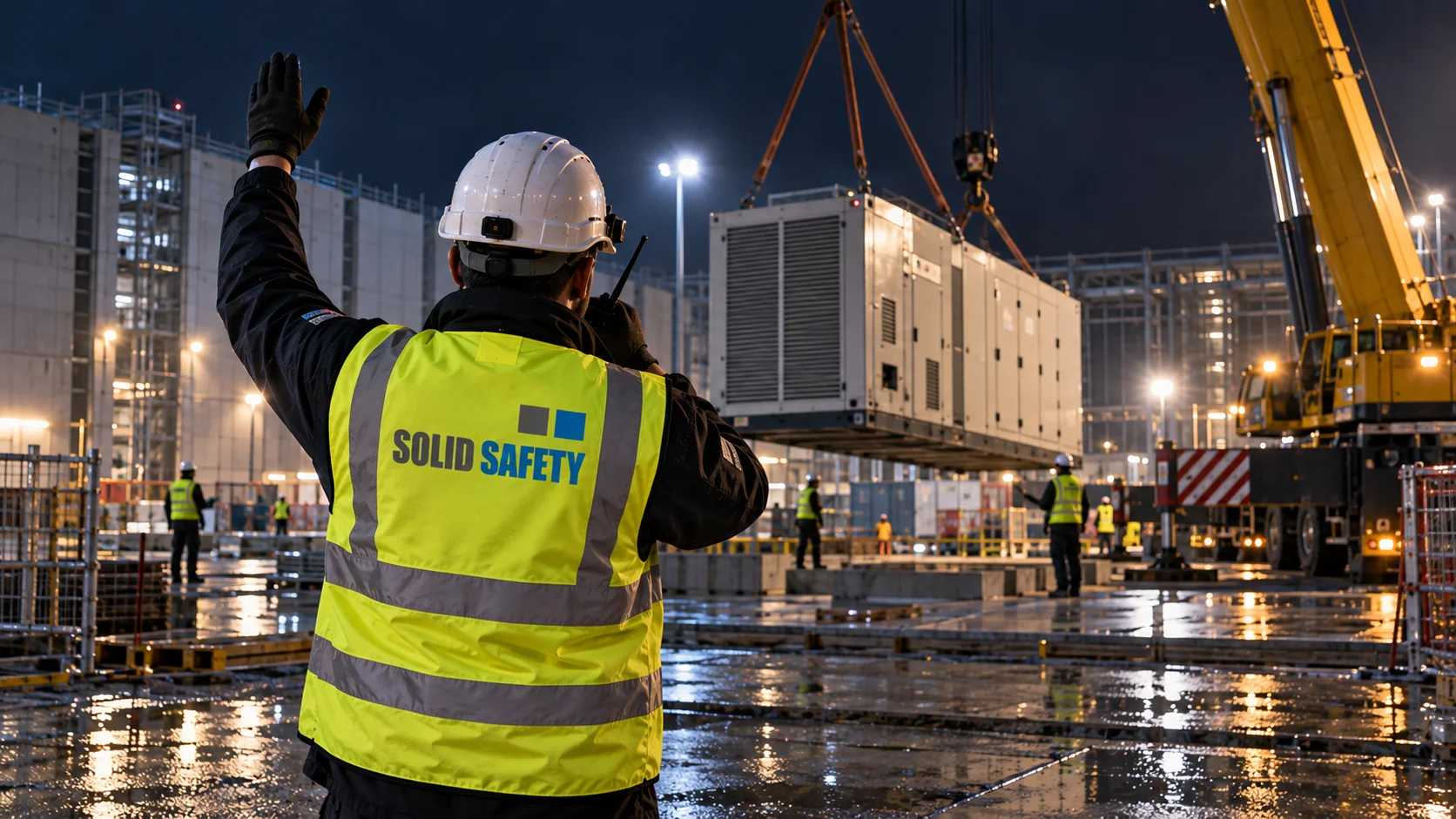 Kranhub eines Generatorcontainers bei Nacht (KI-generiert)