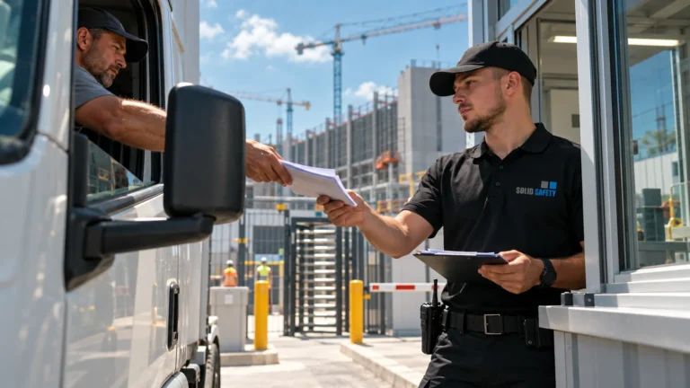 Sicherheitskraft nimmt am Pförtnerfenster die Papiere eines Lkw-Fahrers entgegen (KI-generiert)