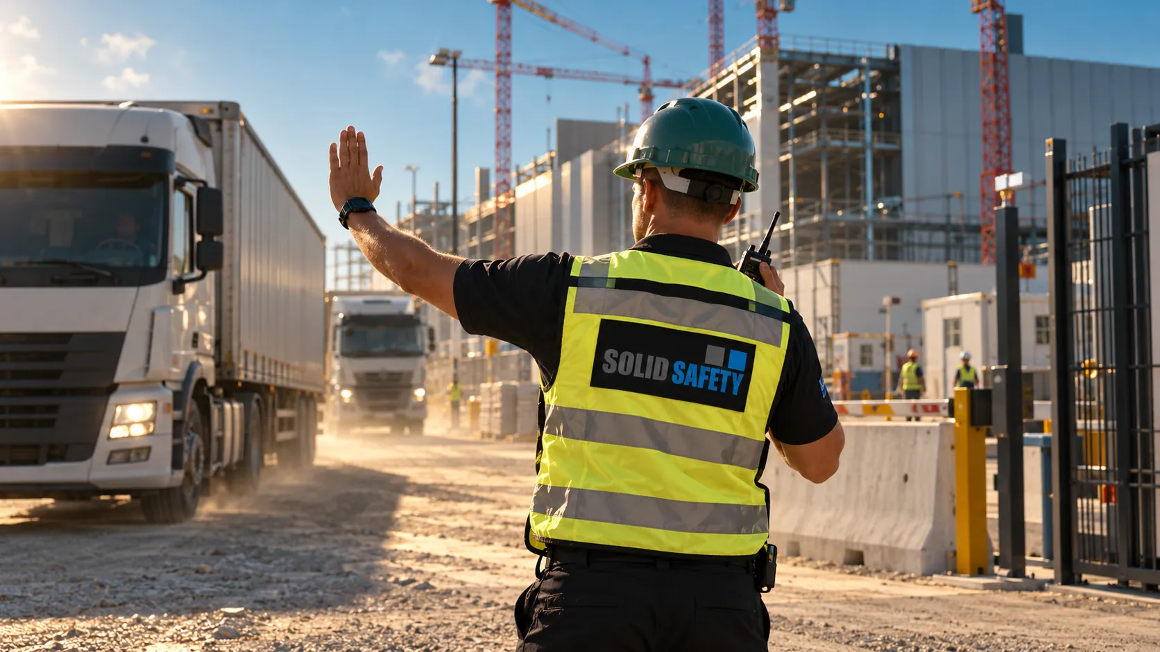 Security regelt Lkw in der Wartezone vor dem Tor einer Data-Center-Baustelle (KI-generiert)