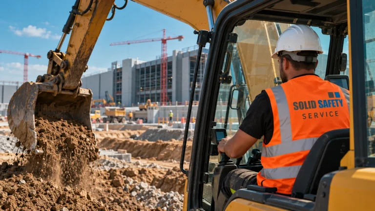Maschinenführer im Bagger bei Erdarbeiten auf einer Data-Center-Baustelle (KI-generiert)