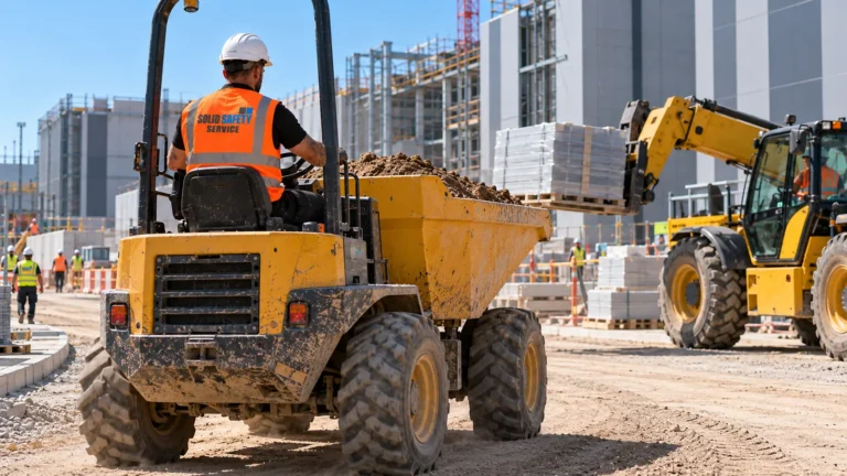 Maschinenführer mit Dumper auf einer Data-Center-Baustelle, Teleskoplader dahinter (KI-generiert)