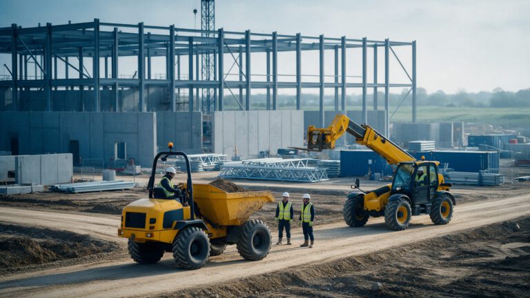 Maschinenführer mit Dumper und Teleskoplader auf einer Rechenzentrumsbaustelle