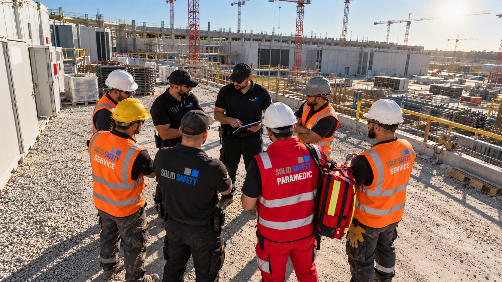 Morgenbriefing mit Security, Bauhelfern und Betriebssanitäter auf einer Data-Center-Baustelle (KI-generiert)