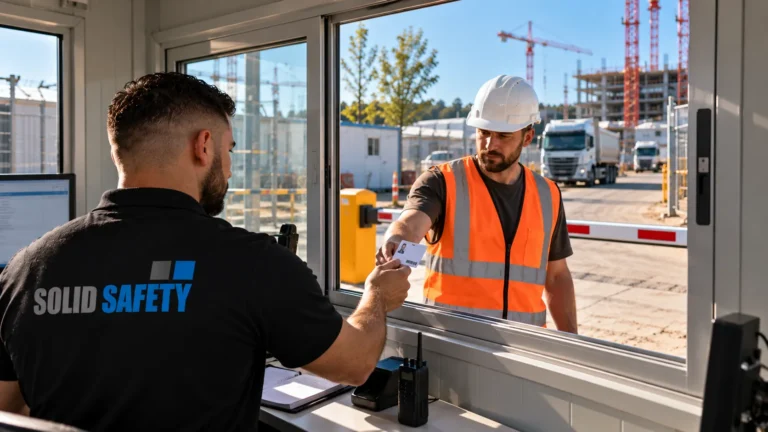 Security prüft im Pförtnercontainer den Ausweis eines Arbeiters am Haupttor