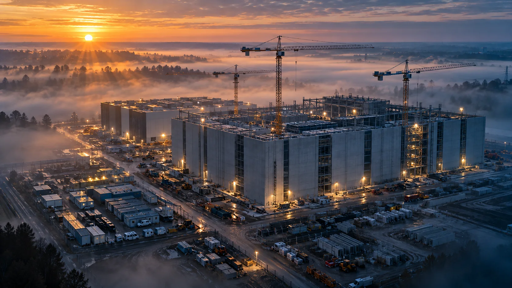 Luftaufnahme einer Data-Center-Baustelle im Morgennebel (KI-generiert)