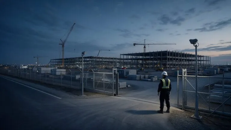 Sicherheitskraft in voller PSA am Zugangstor einer Rechenzentrumsbaustelle