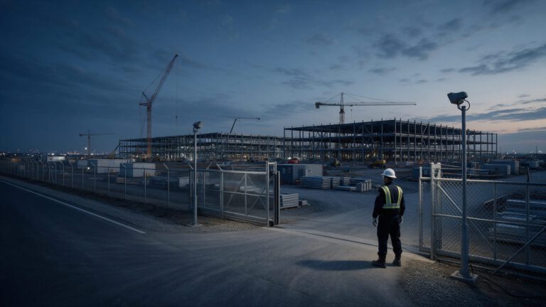 Sicherheitskraft in voller PSA am Zugangstor einer Rechenzentrumsbaustelle
