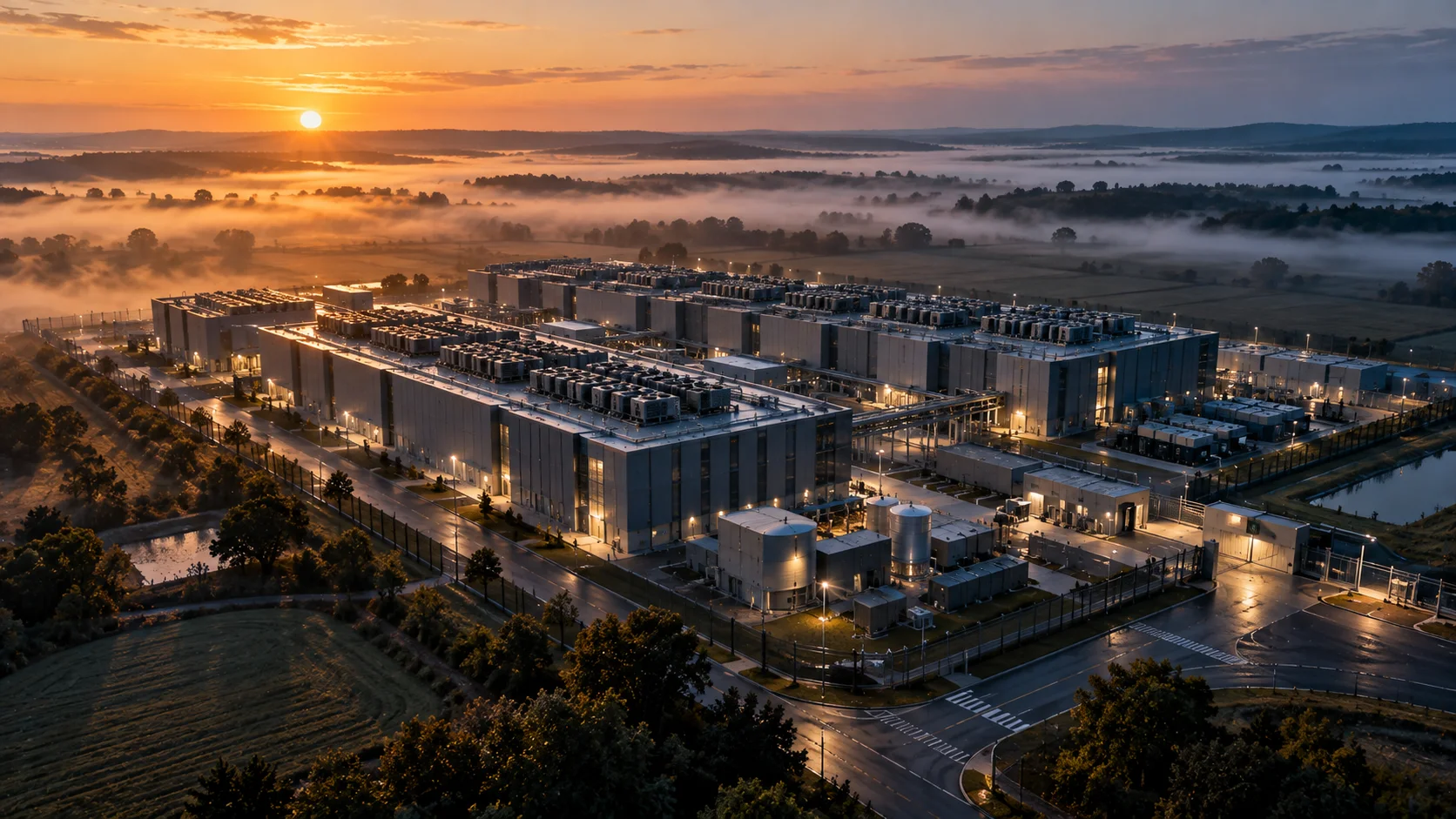 Luftaufnahme eines Rechenzentrumscampus bei Sonnenaufgang (KI-generiert)