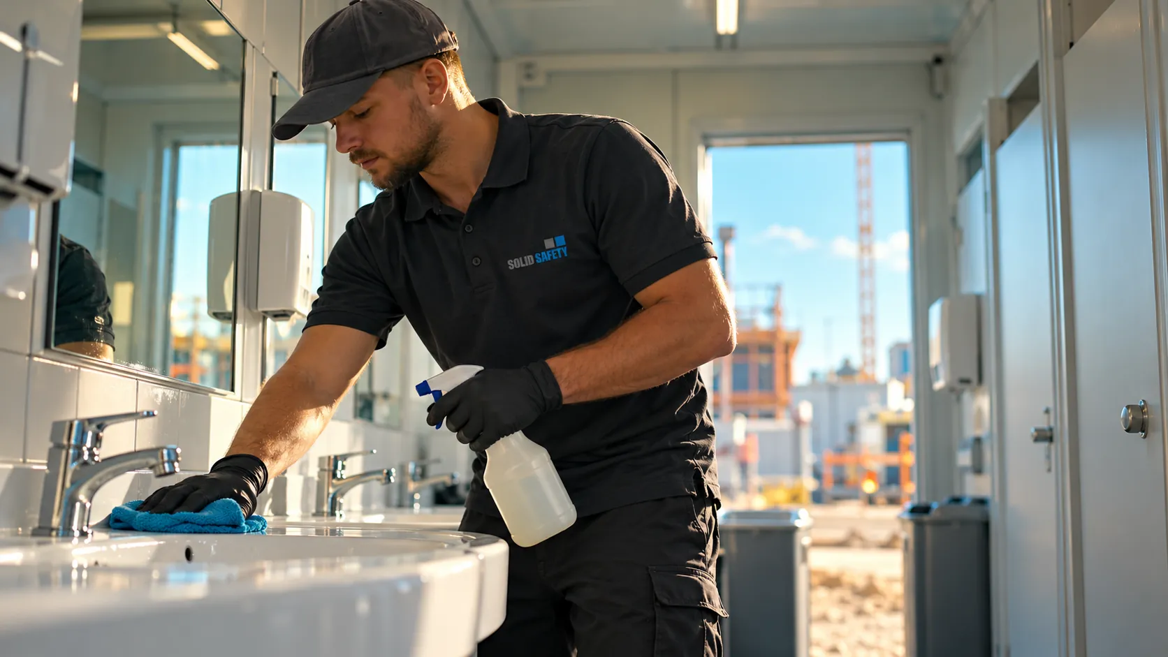 Reinigung eines Sanitärcontainers auf der Baustelle (KI-generiert)