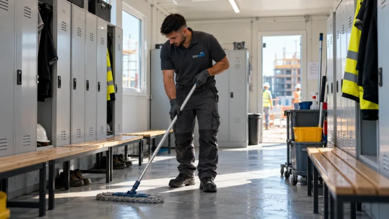 Cleaning a changing room container on site (AI-generated)