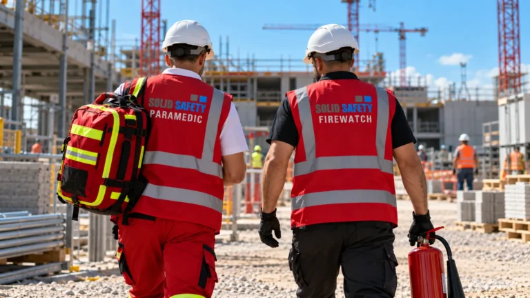 Betriebssanitäter und Brandwache gemeinsam auf der Baustelle (KI-generiert)